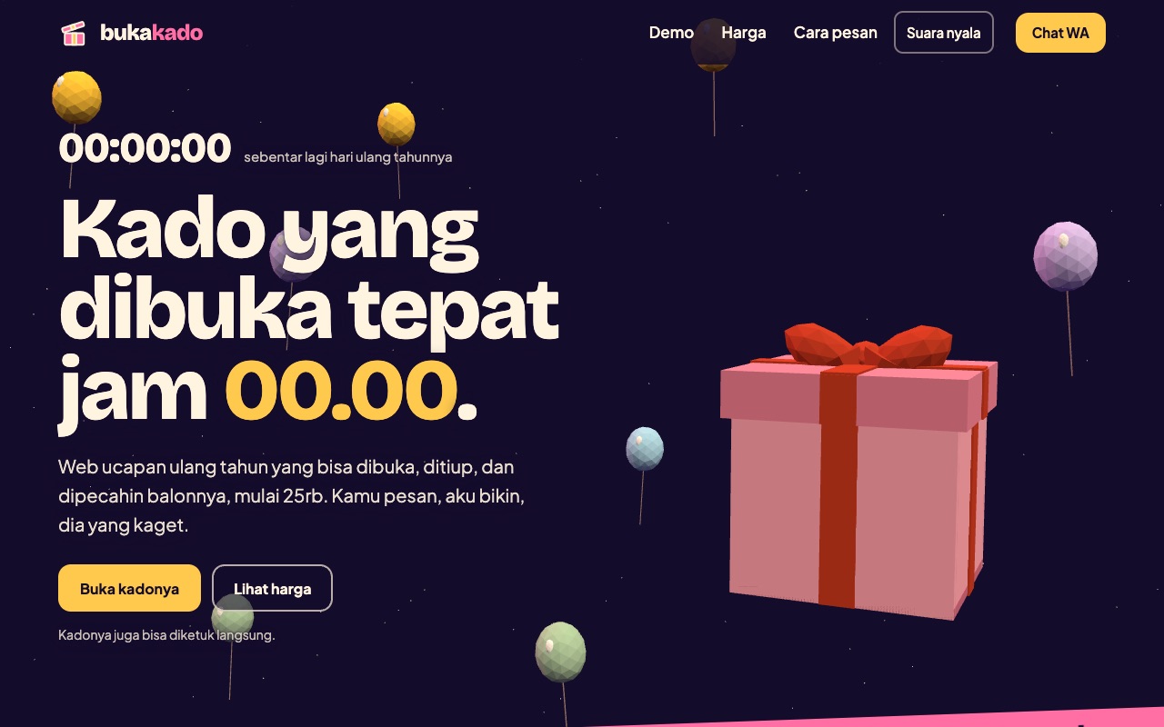 Halaman depan Bukakado: kado 3D merah muda di langit malam, jam menuju 00.00, balon berwarna.