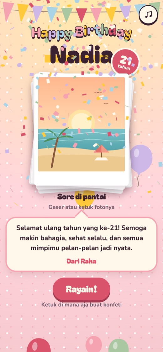 Demo Simpel 2D: kartu Happy Birthday Nadia dengan foto pantai dan konfeti